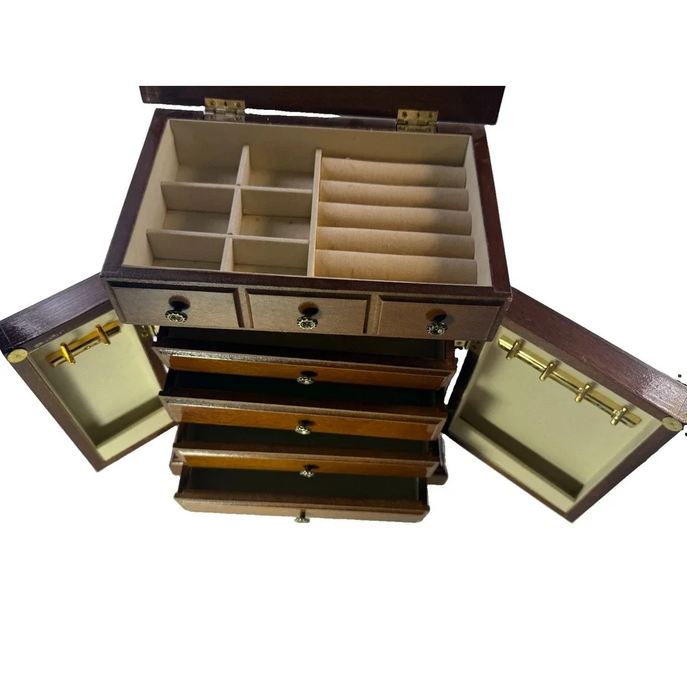 Vintage Wooden Jewelry Armoire Chest Box Taiwan Brass Hardware Multi Drawer 11